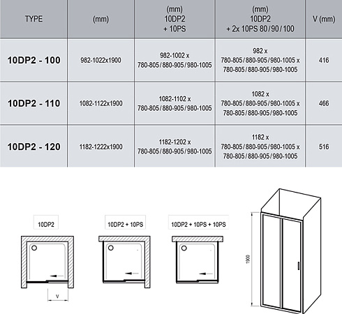 Душевой уголок Ravak 10° 10DP2-100+10PS-90 блестящий+транспарент